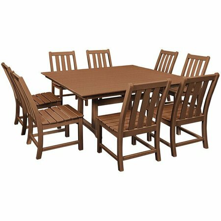 POLYWOOD Vineyard 9-Piece Teak Dining Set with Farmhouse Trestle Table 633PWS3421TE